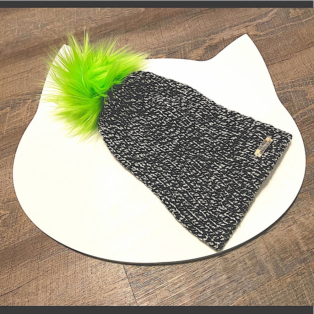 Fun homemade cat lady winter hat. Black & white slouchy knit beanie. Neon Pom